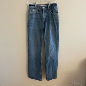 A&F 26R high rise 90s relaxed jean, medium wash with mild distressing